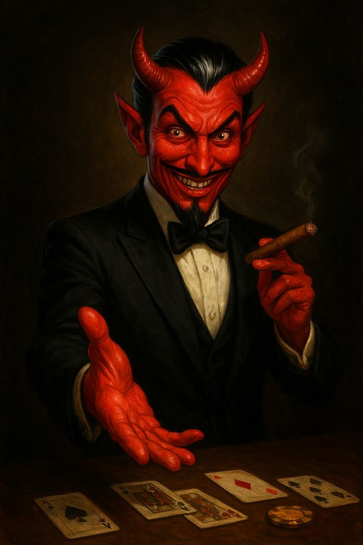 Painting of a grinning red devil in a tuxedo with a cigar, dealing playing cards