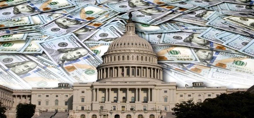 The U.S. Capitol beneath a sky of hundred-dollar bills